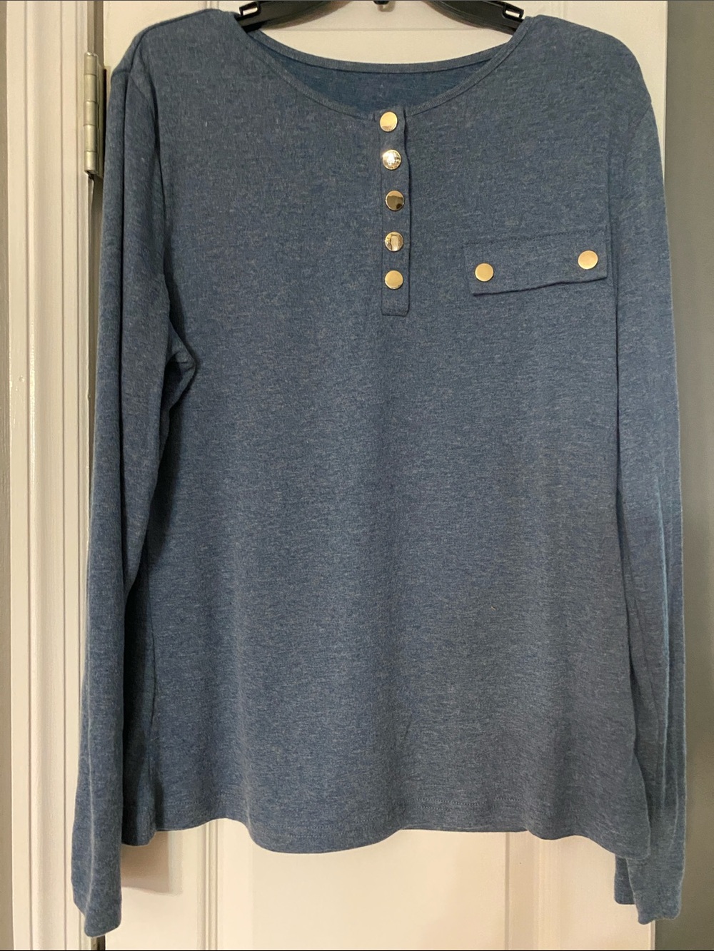 SHEIN Blue Long Sleeve Henley Top with Gold Buttons